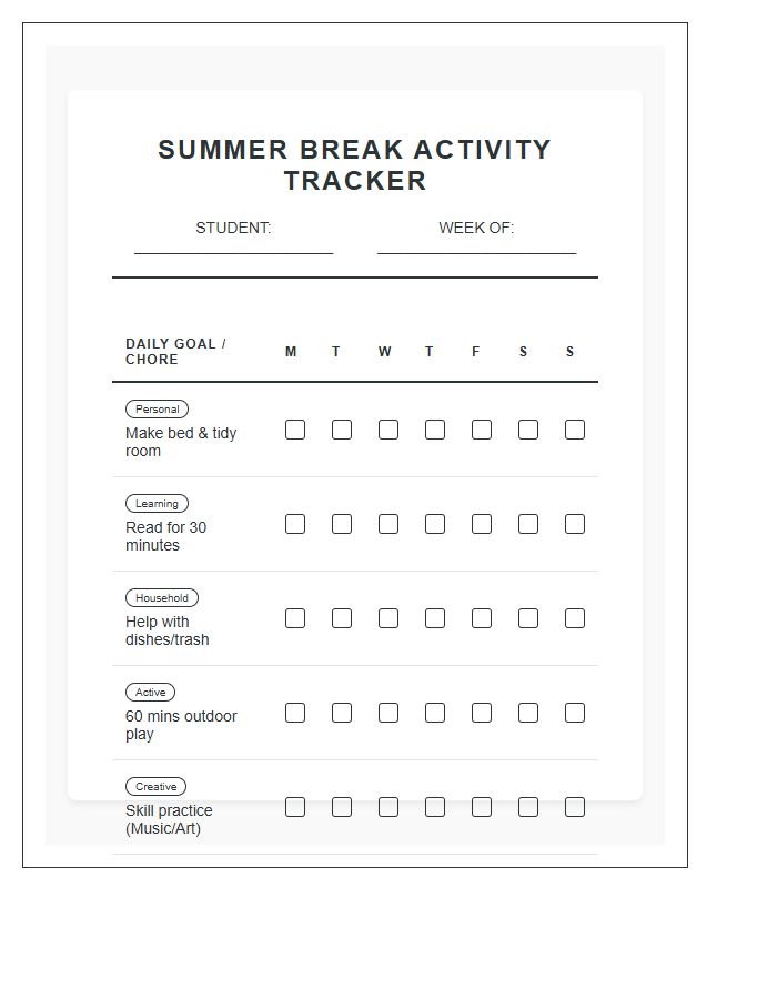 Student Summer Break Activities Chore Chart Printable