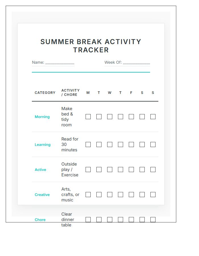 Summer Break Activities Chore Chart Printable