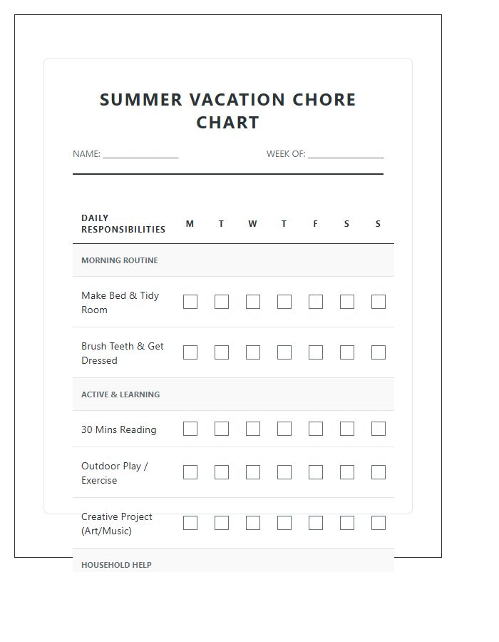 Summer Vacation Activities Chore Chart Printable