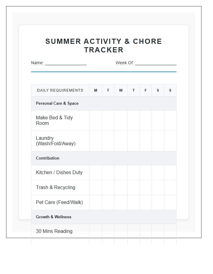 Teen Summer Activities Chore Chart Printable