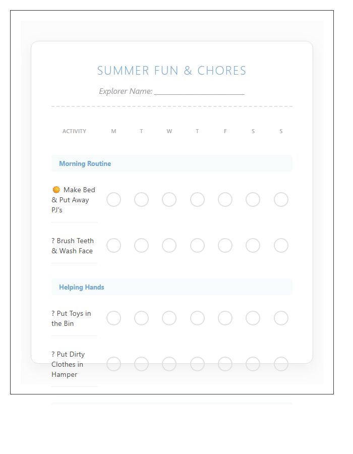 Toddler Summer Activities Chore Chart Printable