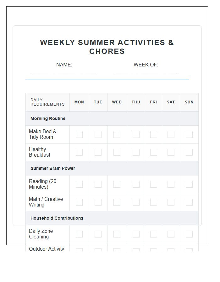 Weekly Summer Activities Chore Chart Printable
