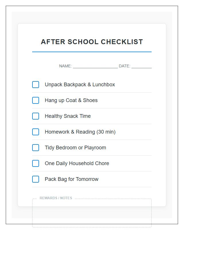 After School Checklist Chore Chart Printable
