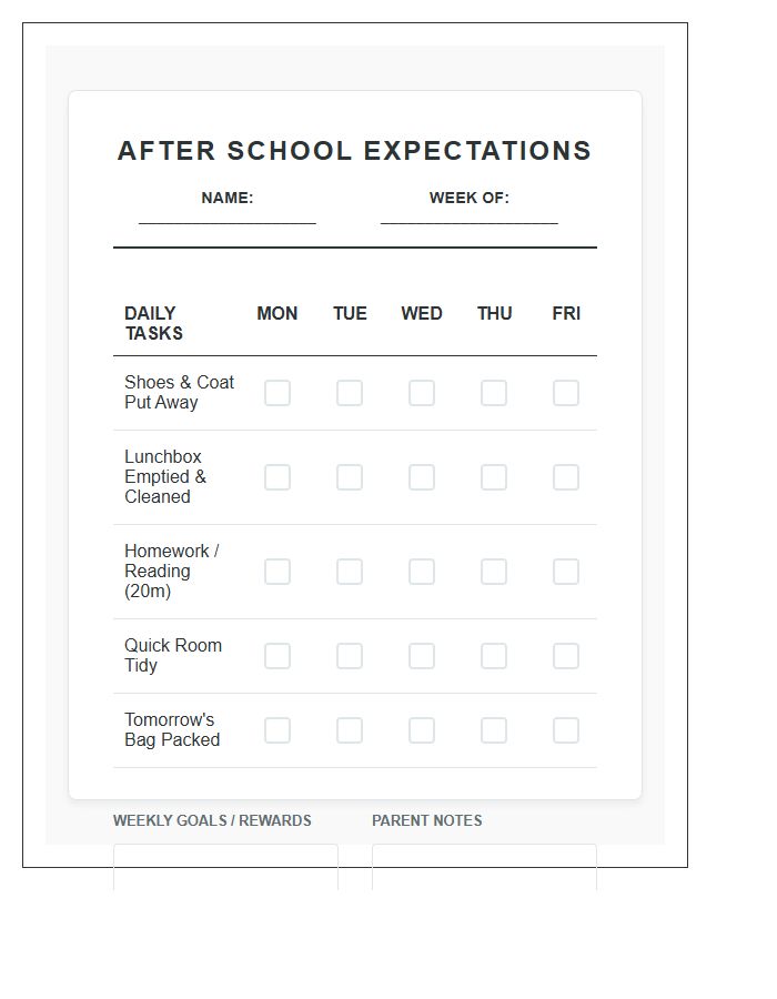 After School Expectations Chore Chart Printable