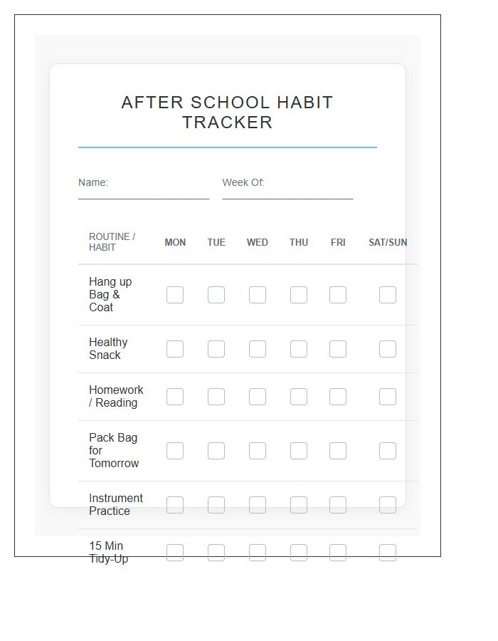 After School Habit Tracker Chart Printable