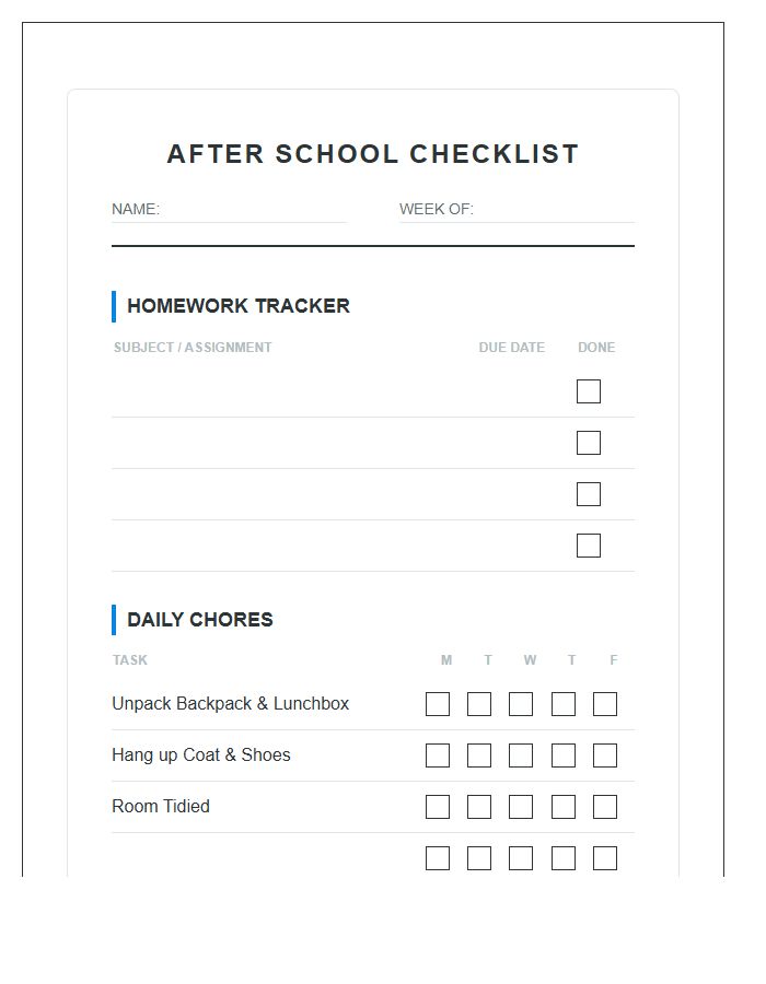 After School Homework And Chore Chart Printable