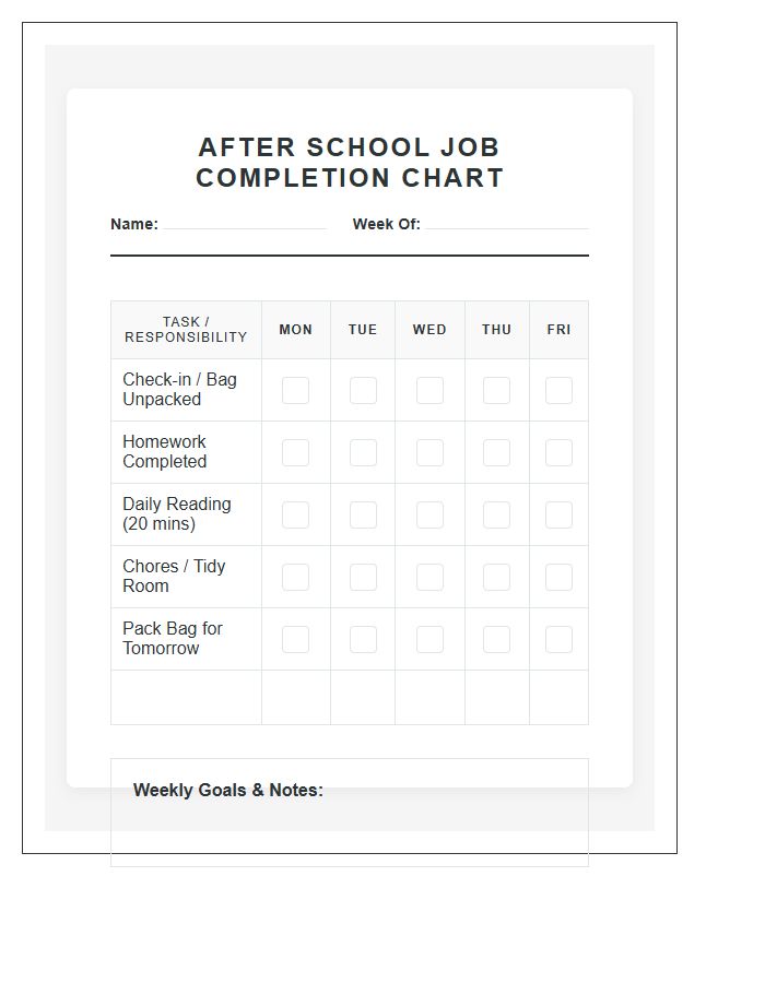 After School Job Completion Chart Printable