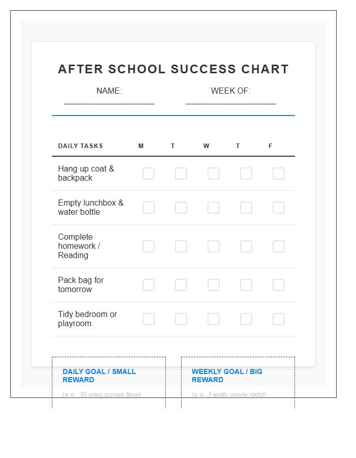 After School Reward System Chart Printable