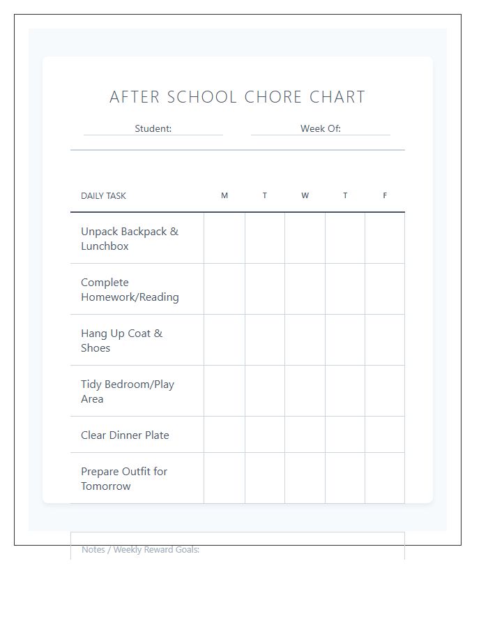 Elementary Student After School Chore Chart Printable