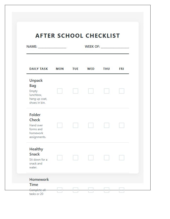 Family After School Task Chart Printable