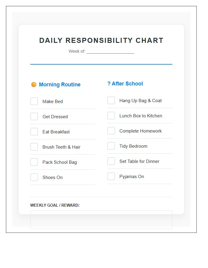 Morning And After School Chore Chart Printable