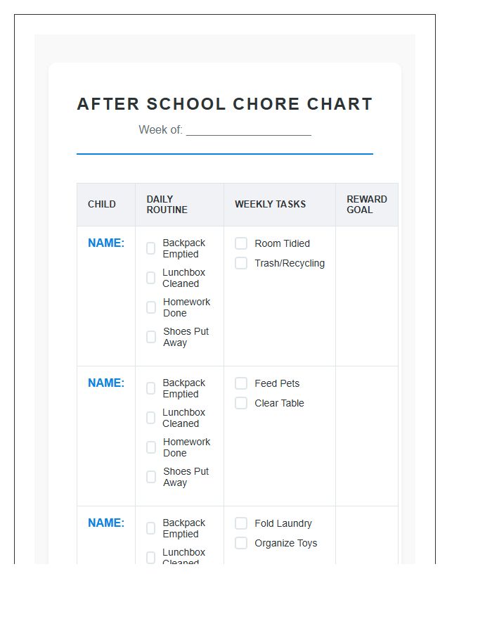 Multiple Child After School Chore Chart Printable