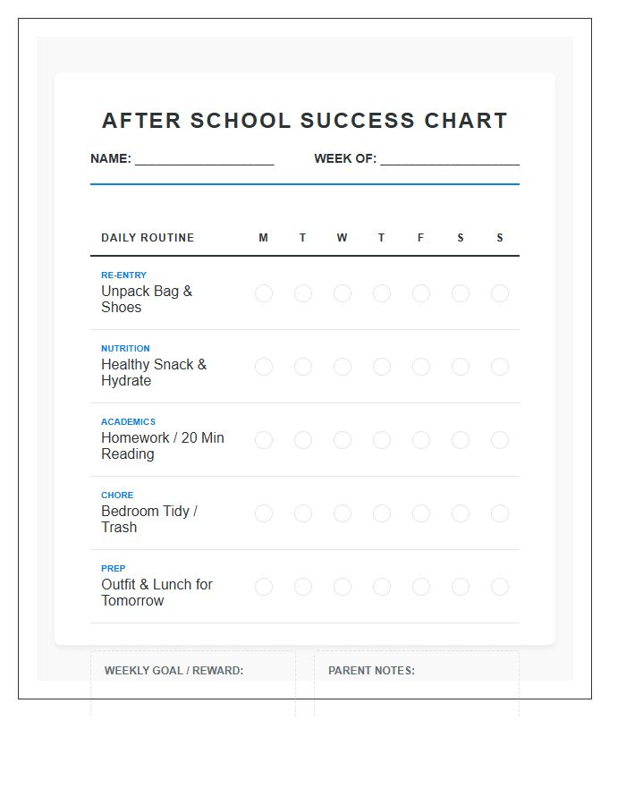 Productive After School Chore Chart Printable