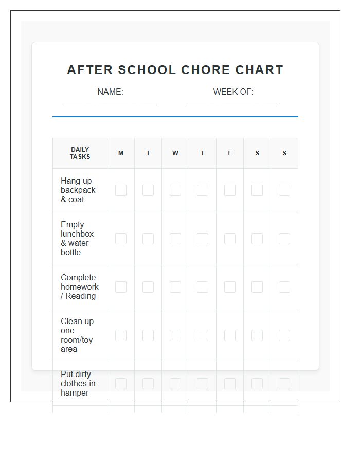 School Age Child After School Chore Chart Printable