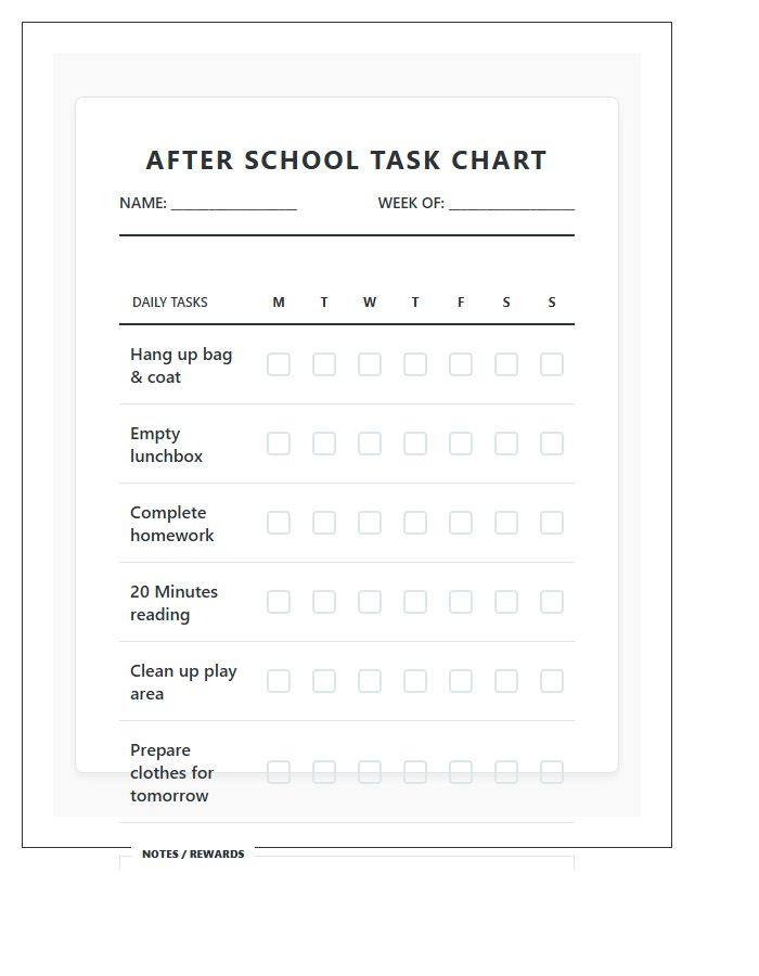 Simple After School Task Chore Chart Printable