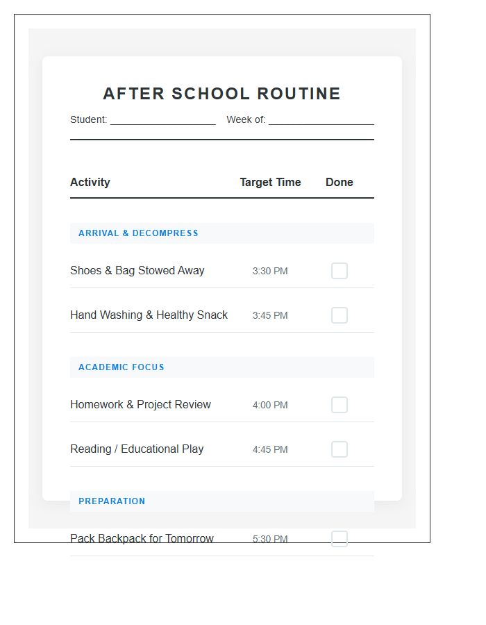 Structured After School Task Chart Printable