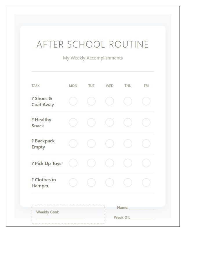 Toddler After School Chore Chart Printable