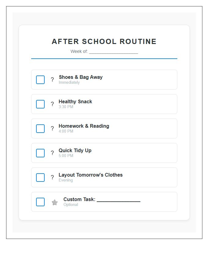 Visual After School Task Chart Printable