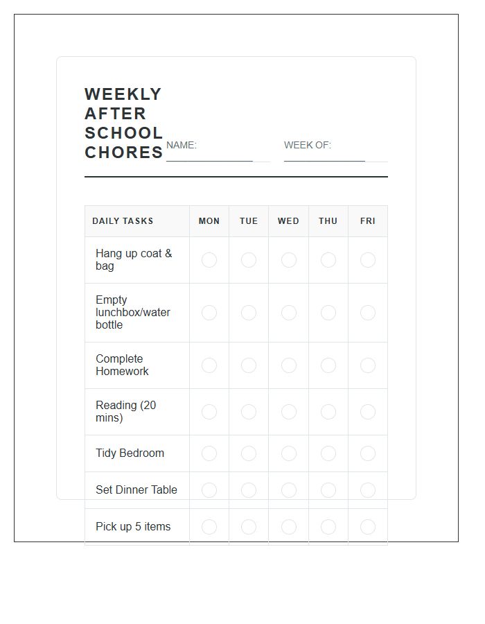 Weekly After School Chore Chart Printable