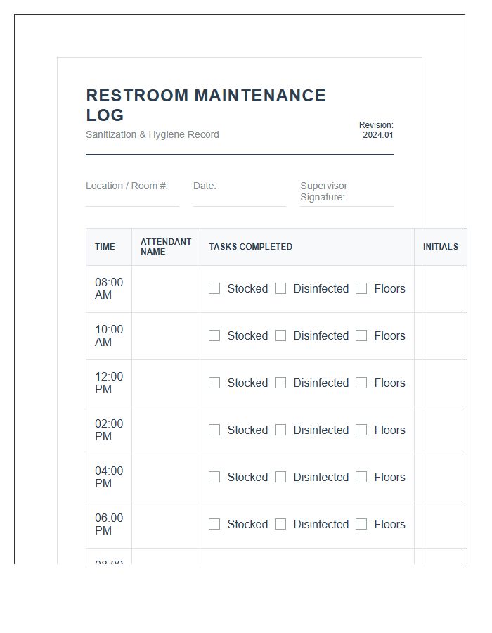 Commercial Bathroom Sanitizing Schedule Chart Printable