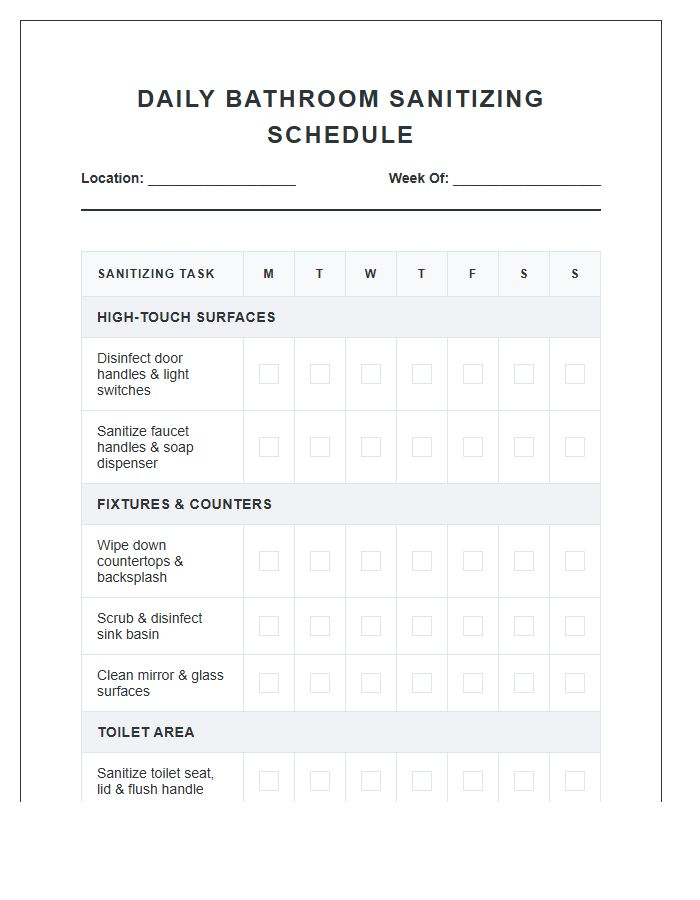 Daily Bathroom Sanitizing Schedule Chore Chart Printable