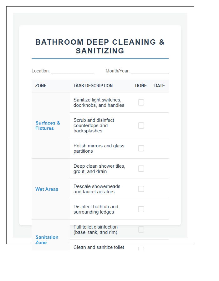 Deep Cleaning Bathroom Sanitizing Chart Printable