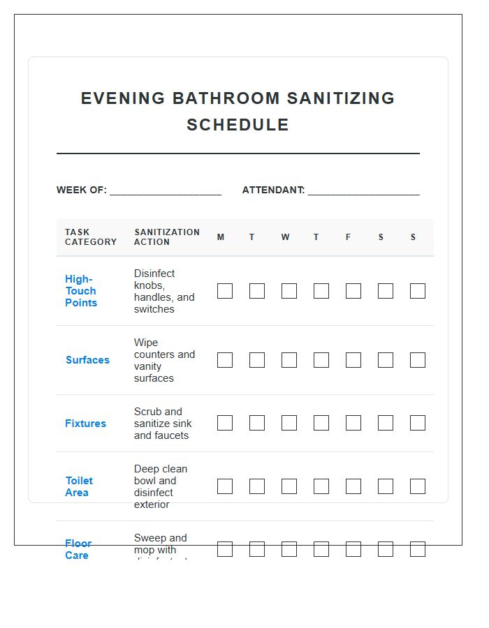 Evening Bathroom Sanitizing Schedule Chart Printable