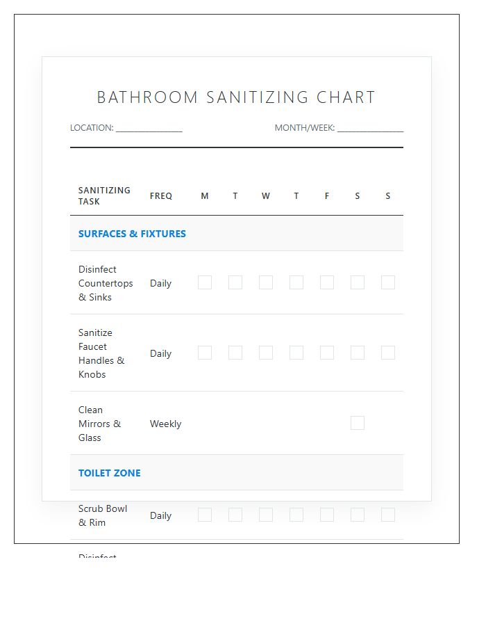 Household Bathroom Sanitizing Chore Chart Printable