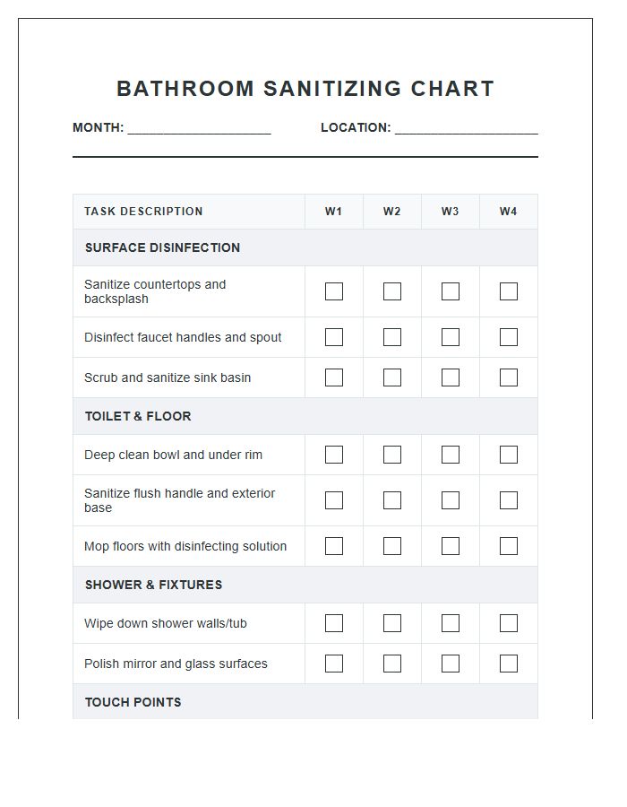 Monthly Bathroom Sanitizing Chore Chart Printable