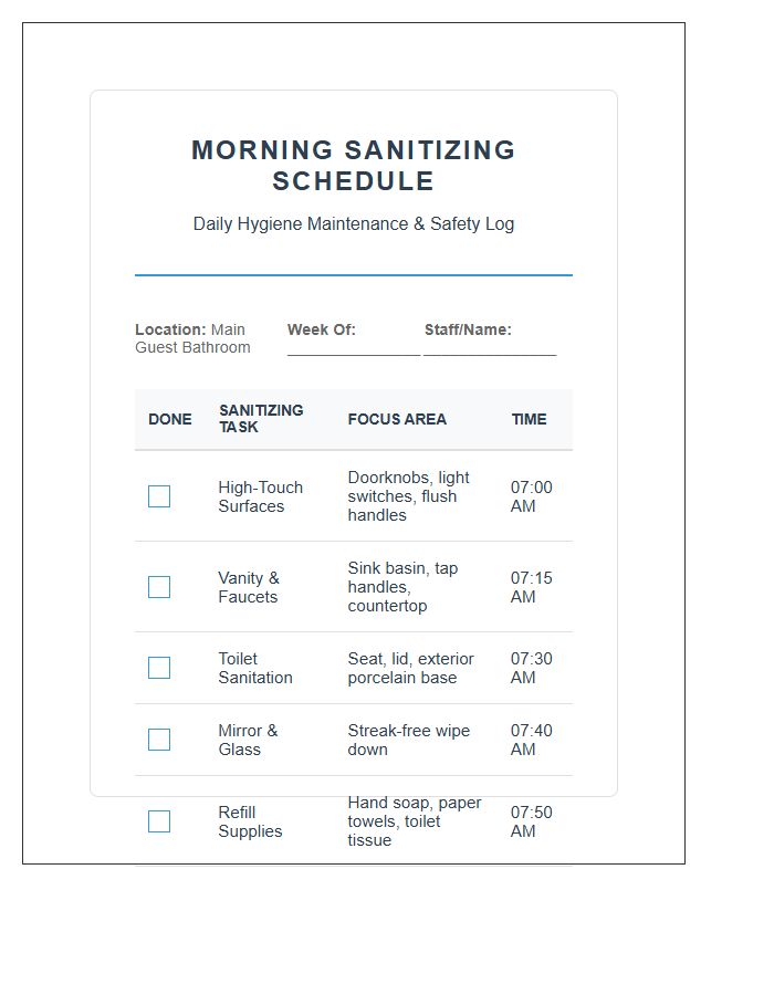 Morning Bathroom Sanitizing Schedule Chart Printable