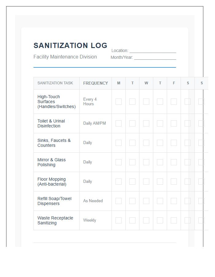 Professional Bathroom Sanitizing Schedule Chart Printable