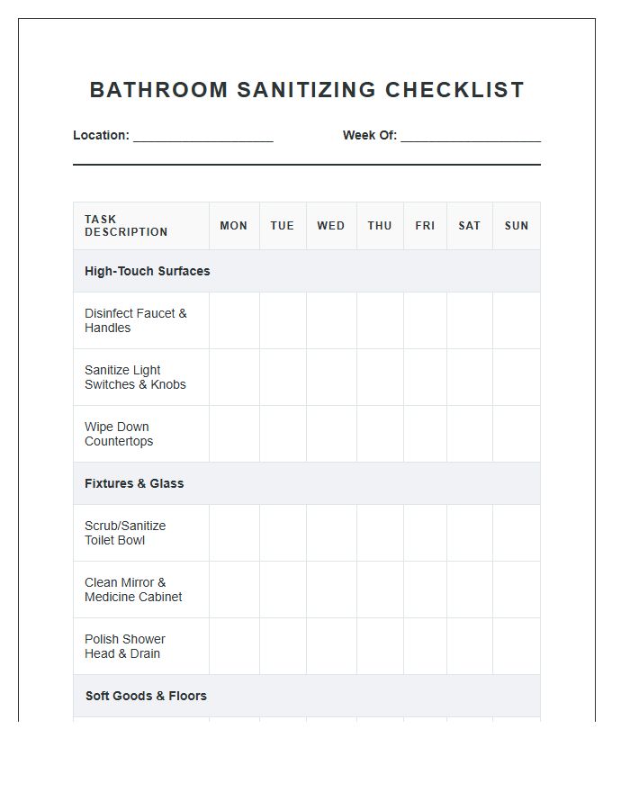 Residential Bathroom Sanitizing Chore Chart Printable