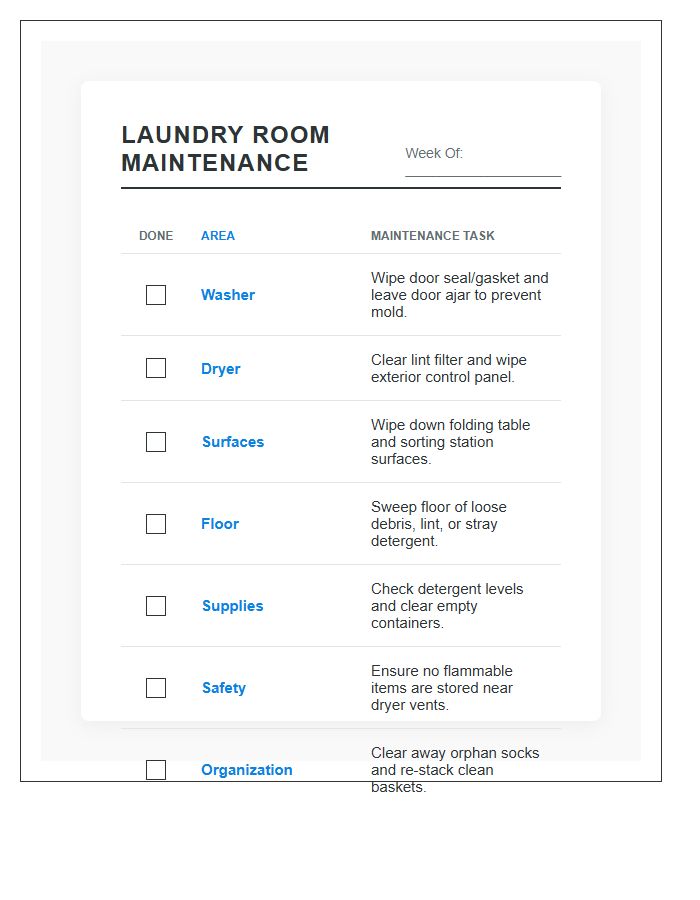 Daily Laundry Room Maintenance Printable Chart
