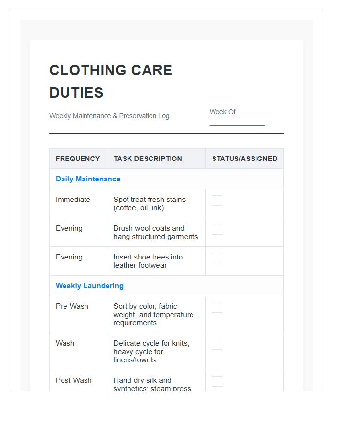 Detailed Clothing Care Duties Printable Chart