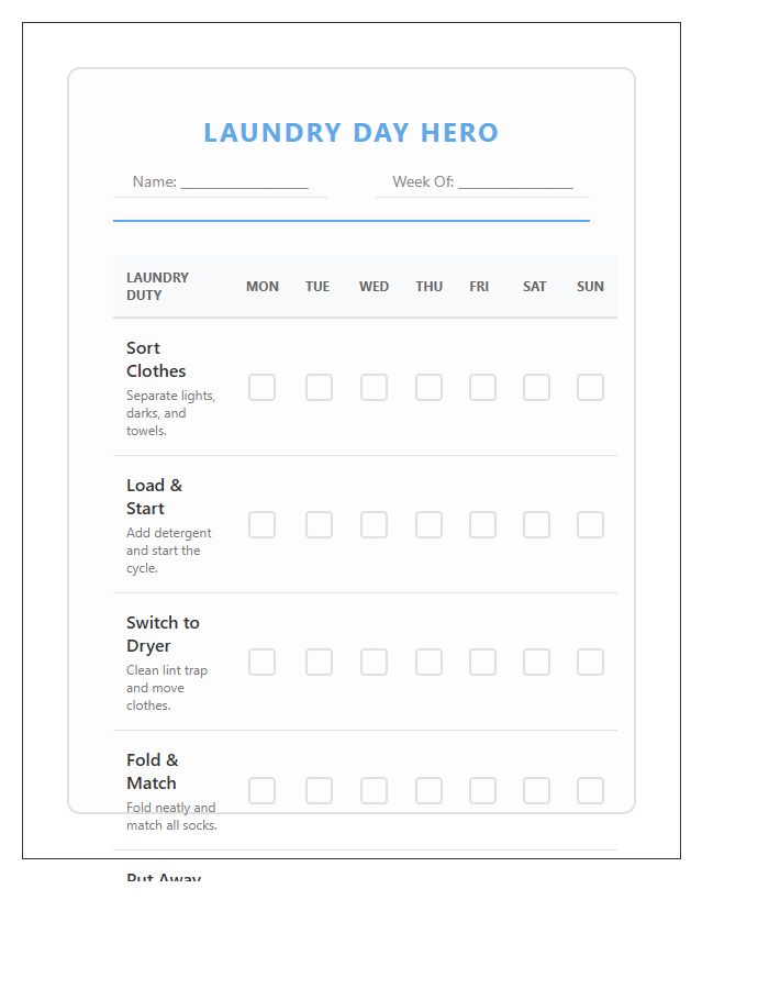 Kids Laundry Room Duties Chore Chart Printable