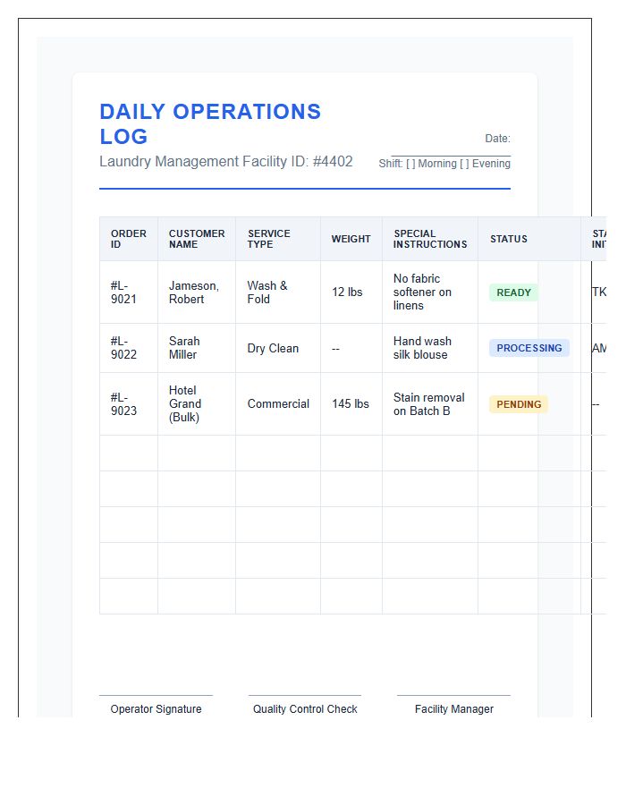 Professional Laundry Management System Printable Chart