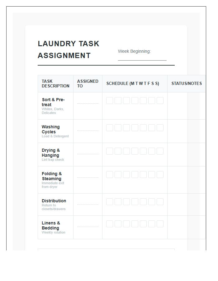 Residential Laundry Task Assignment Printable Chart