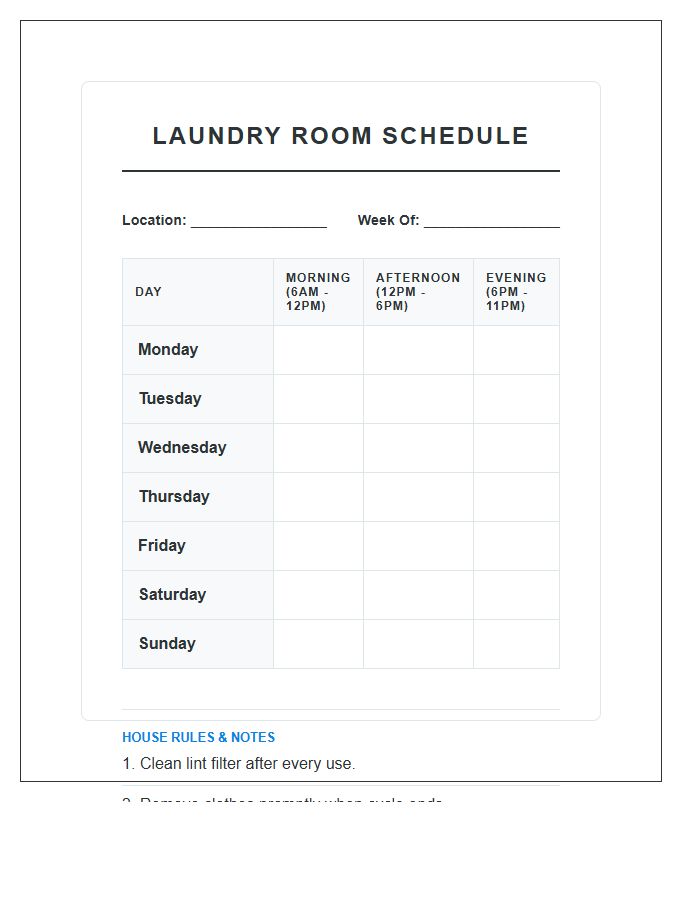 Shared Living Laundry Schedule Printable Chart