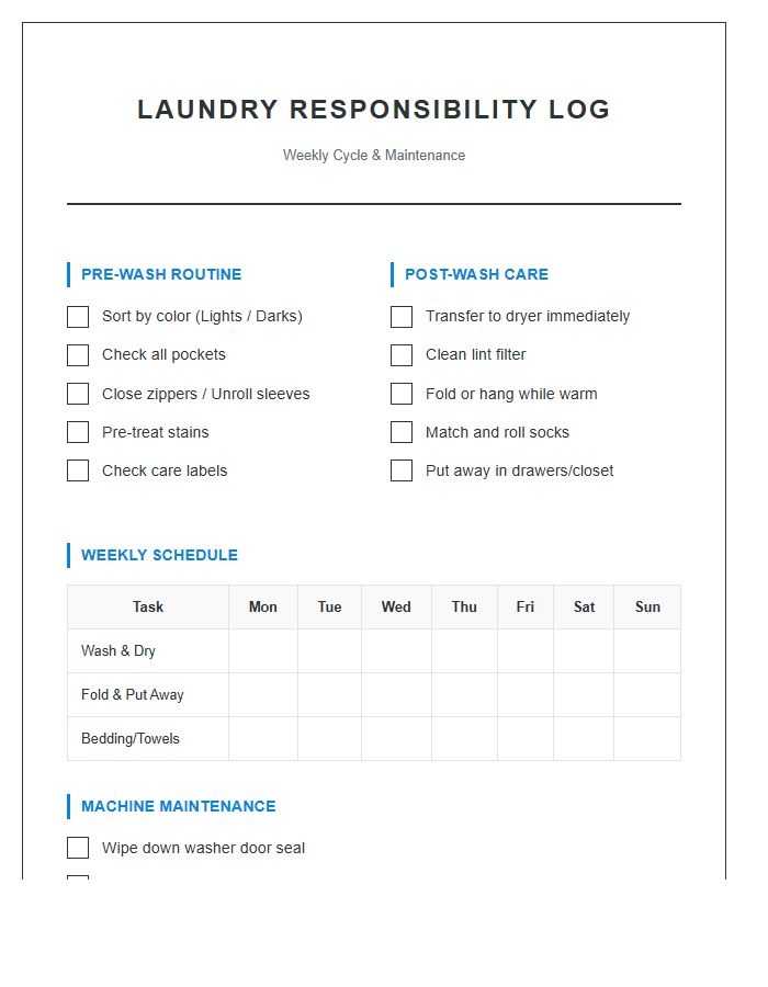 Teenager Laundry Responsibility Printable Chart