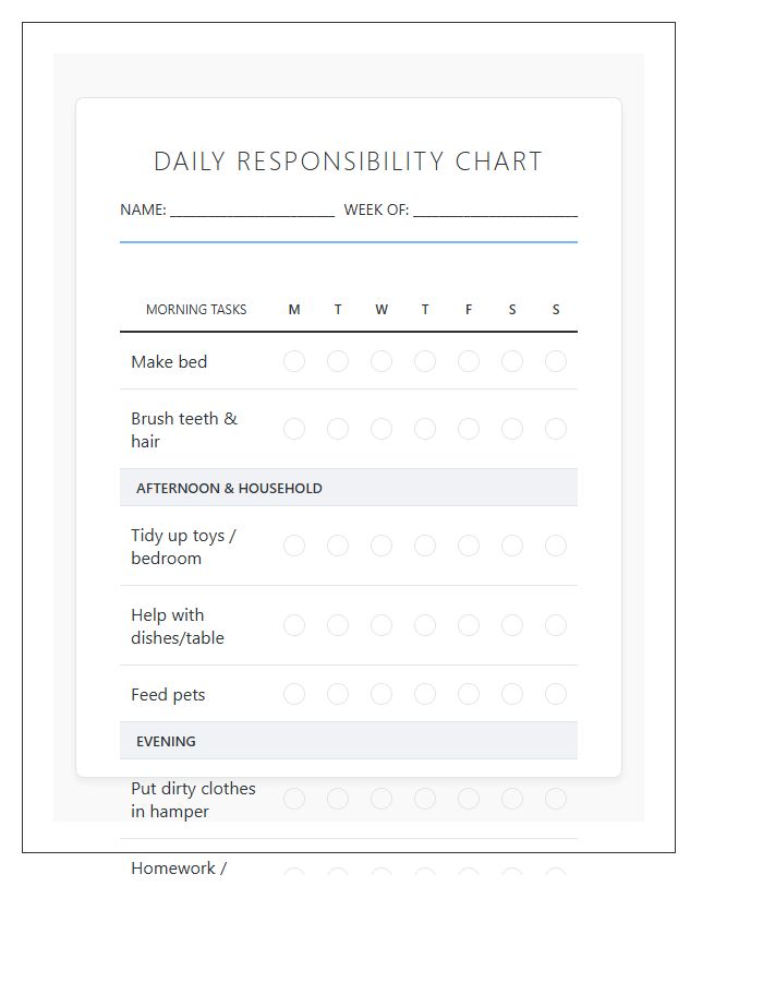 Daily Household Task Chart Printable For Kids