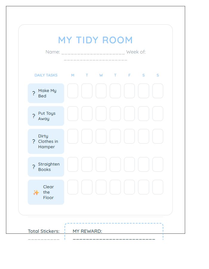 Preschooler Bedroom Cleaning Task Chart Printable