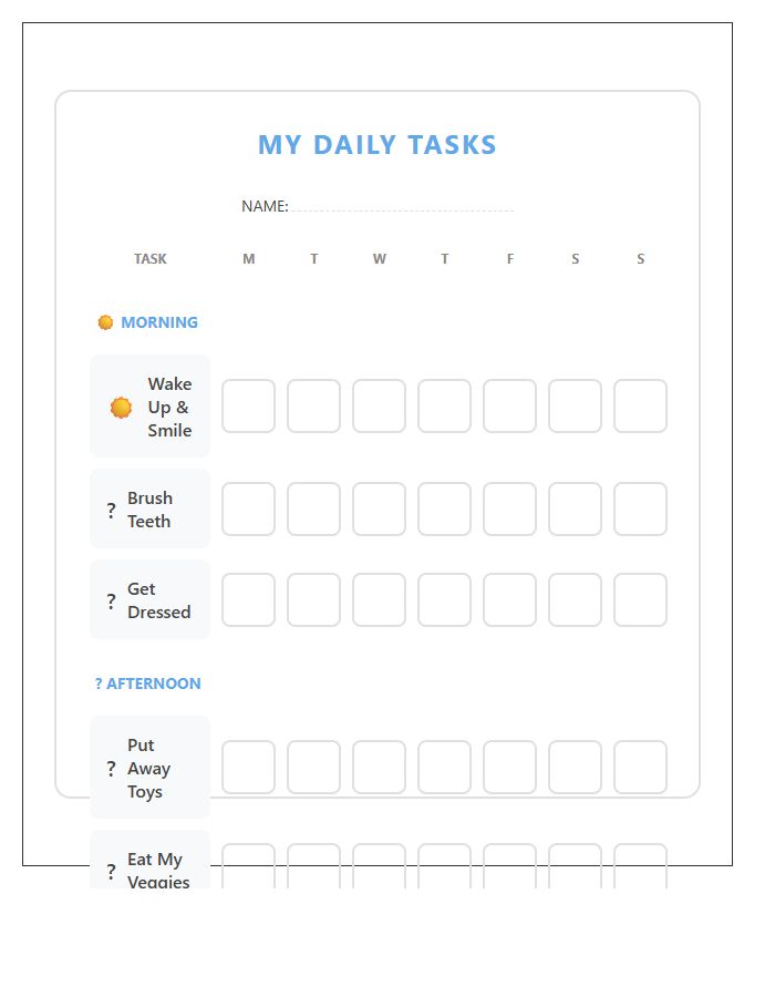 Simple Daily Task Chart Printable For Toddlers