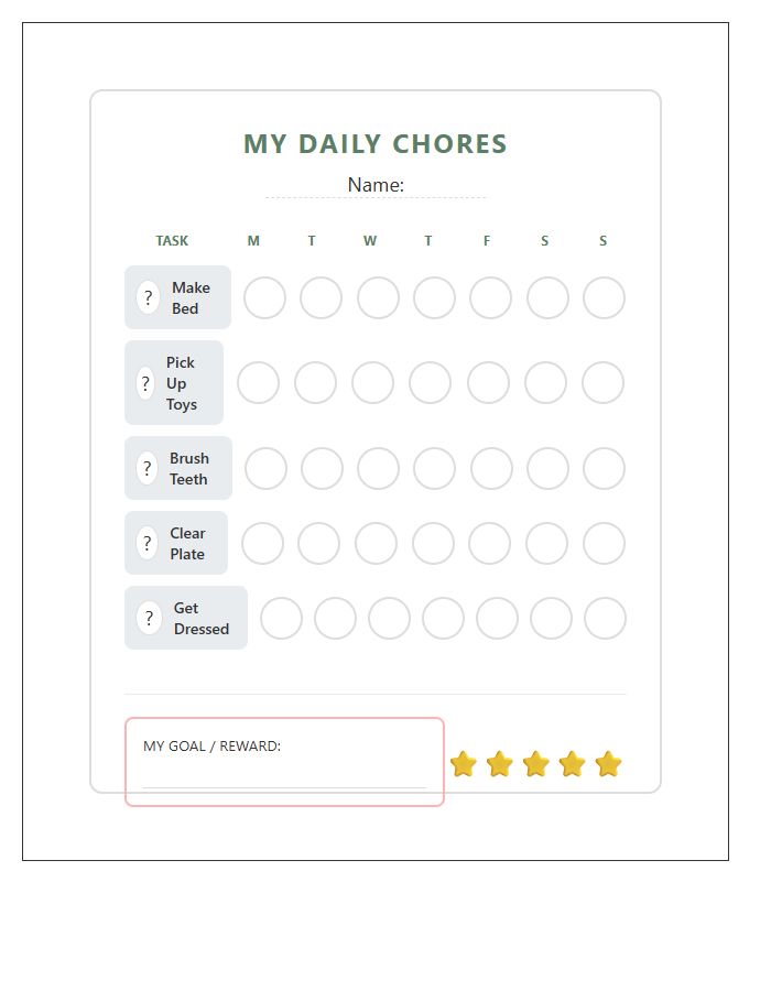 Visual Chore Chart Printable For Young Children