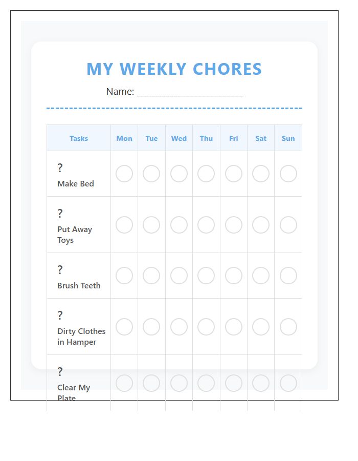 Weekly Simple Chore Chart Printable For Preschoolers