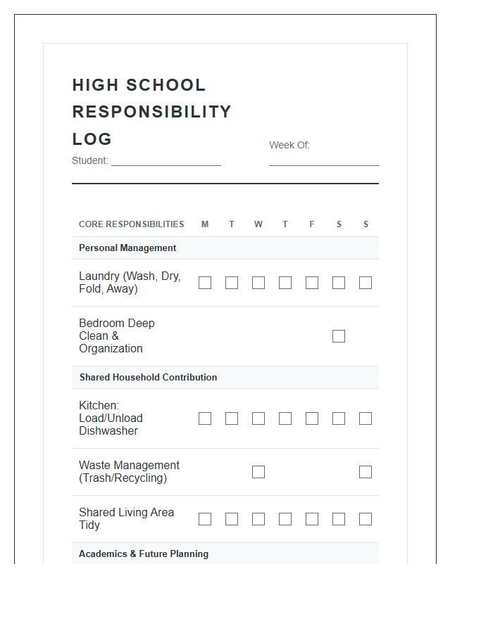Advanced High School Responsibility Chore Chart Printable