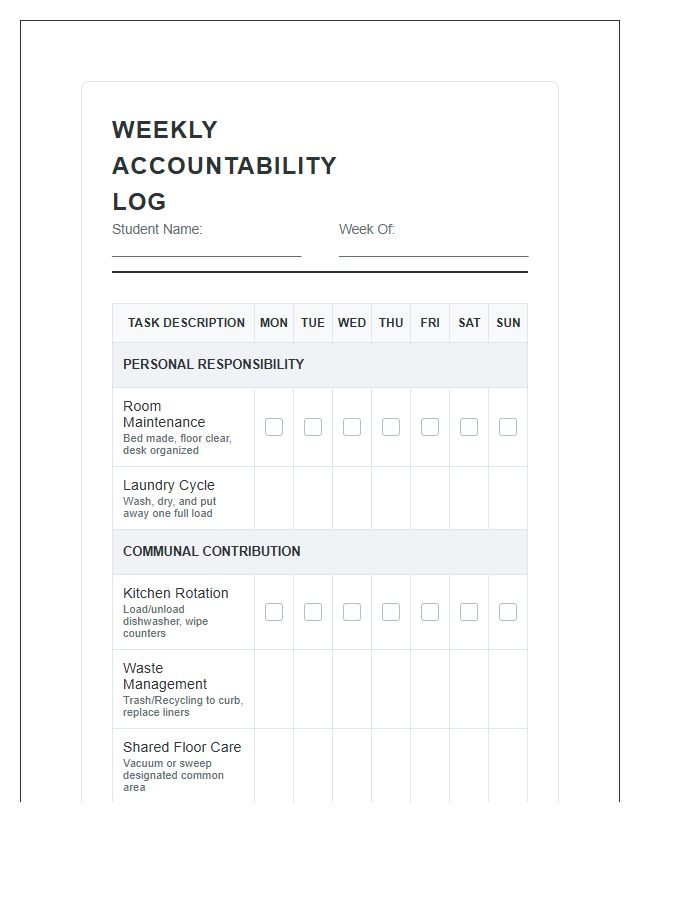 Comprehensive High School Chore Tracking Chart Printable