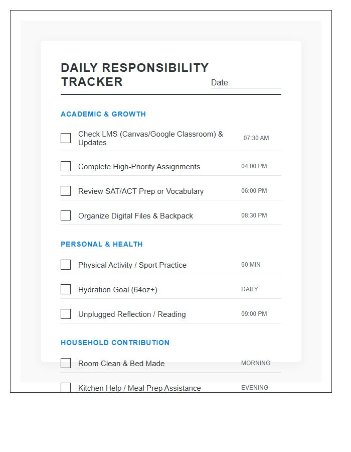 Daily Responsibility Chart For High School Students Printable