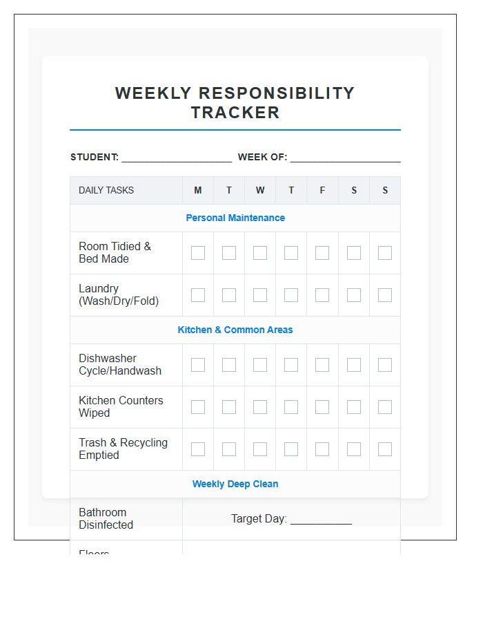 High School Level Household Chore Chart Printable
