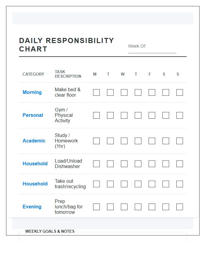High School Student Daily Chore Chart Printable