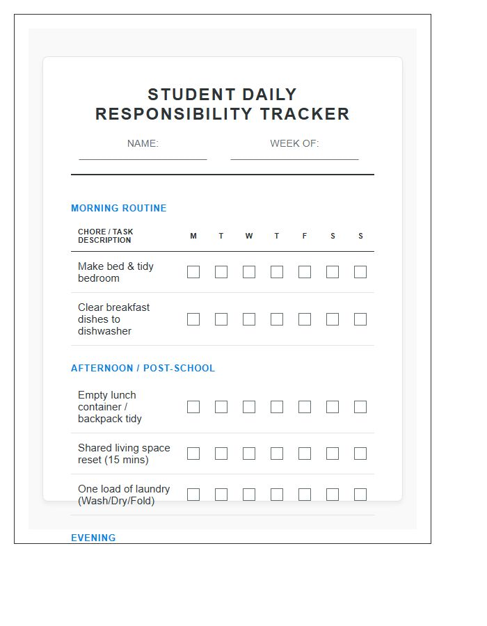High School Student Routine Chore Chart Printable
